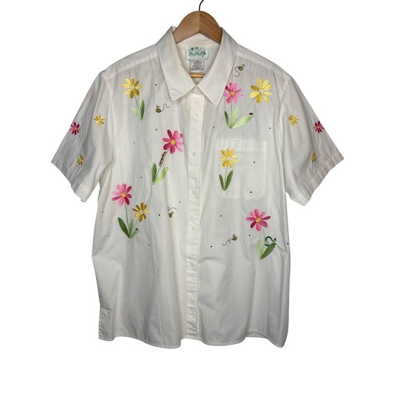 Vintage The Quacker Factory Womens Button Up Top Size 1X Embroidered Floral Bees - Picture 2 of 12
